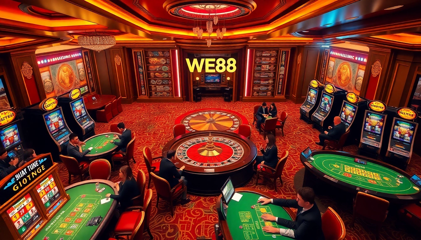 WE88 gaming lounge with vibrant tables, roulette wheel, and excited players experiencing luxury.