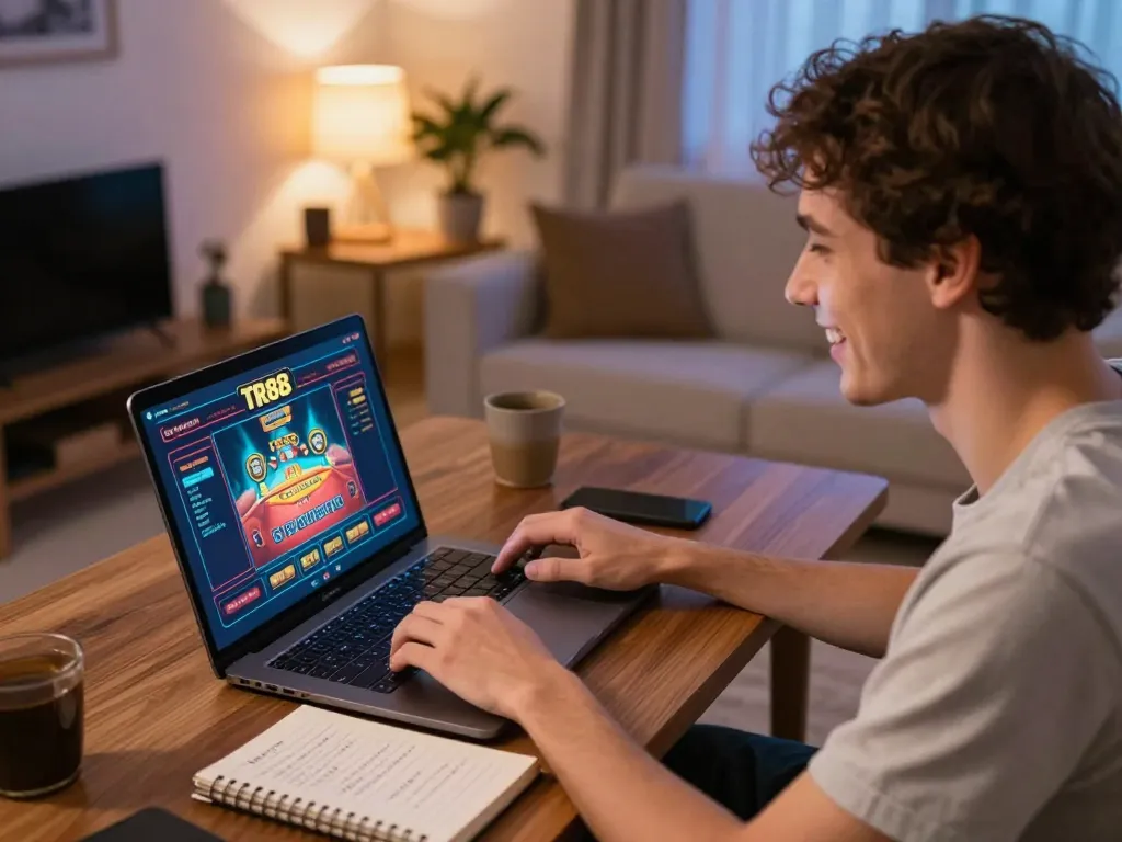Player engaging with TR88 online casino games at home, illuminated by screen glow, showcasing online gambling excitement