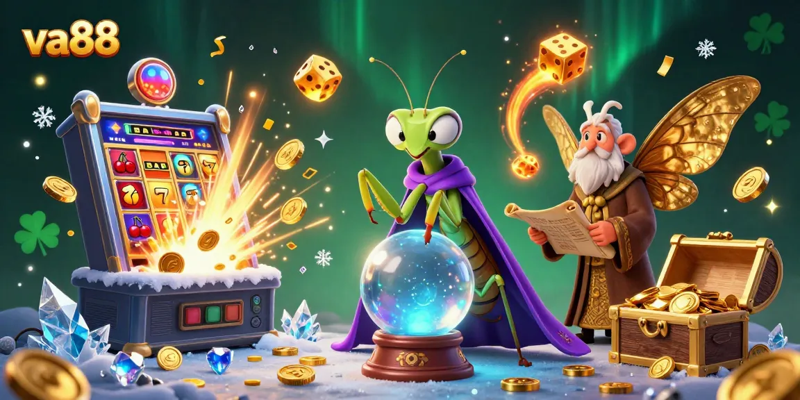 Engage in thrilling betting adventures at va88, featuring animated fortune teller and slot machines.