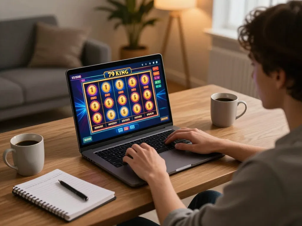 Engaging online gaming with 79king slot interface displayed on laptop, cozy setup with strategy notes