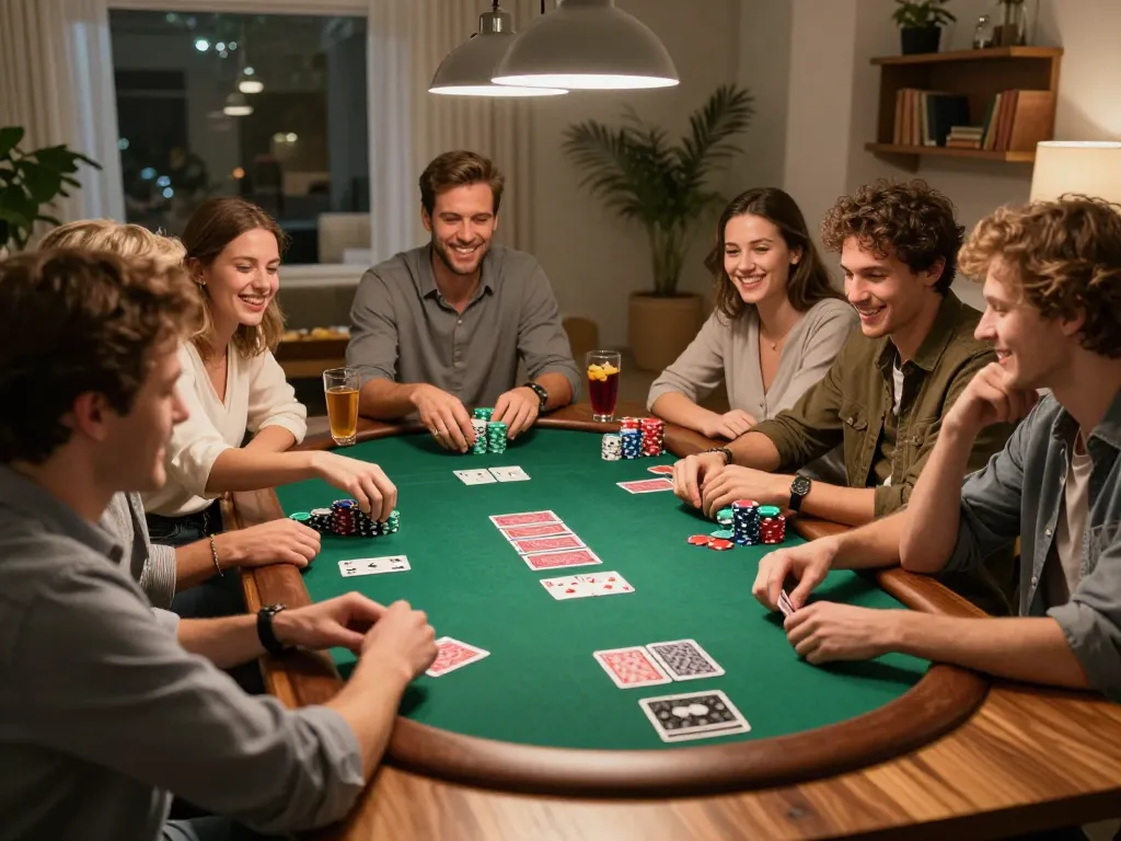 Friends playing game bài at a lively home poker night with chips and cards visible.