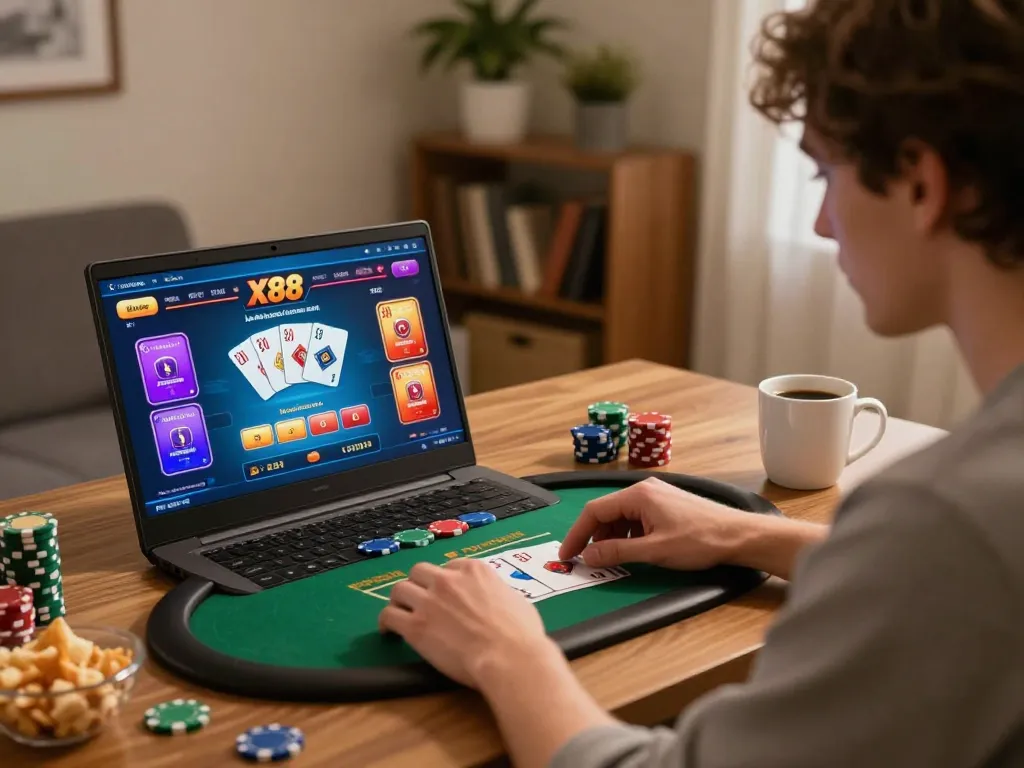 X88 player engaging with online poker game on laptop in a cozy home setup.