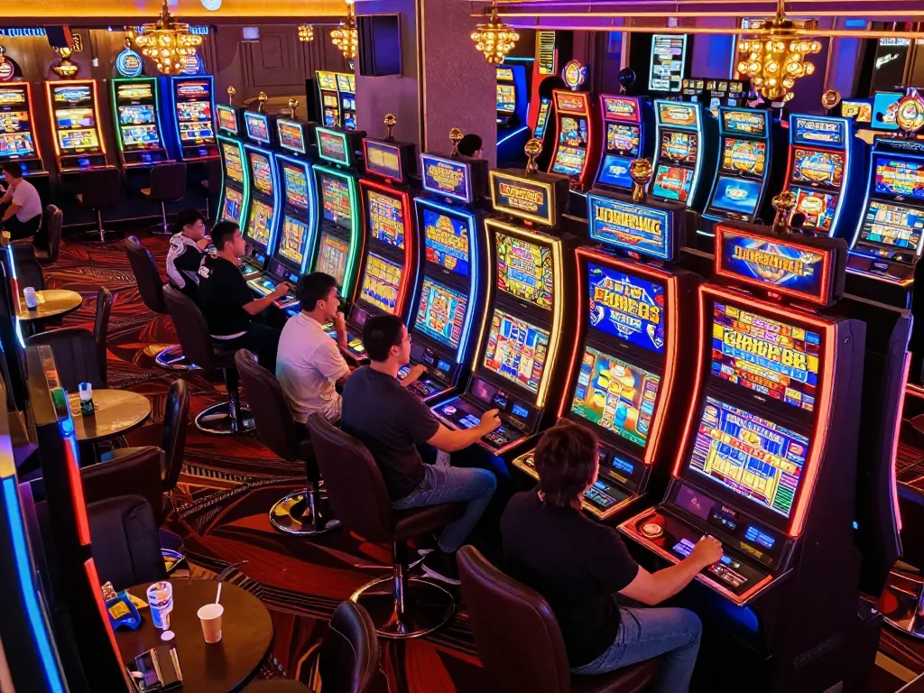 Players engaging with colorful slot machines at a lively casino showcasing Zowin entertainment