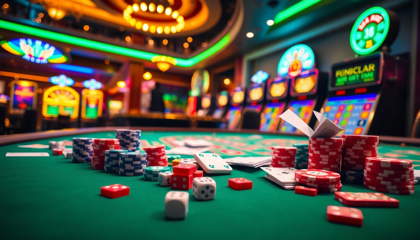 A thrilling casino scene showcasing vibrant poker games with S 8 casino chips and cards scattered on a luxurious table.