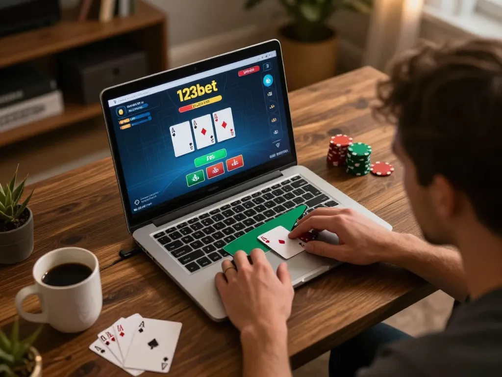 Player winning at an online poker game on 123bet during a cozy home session