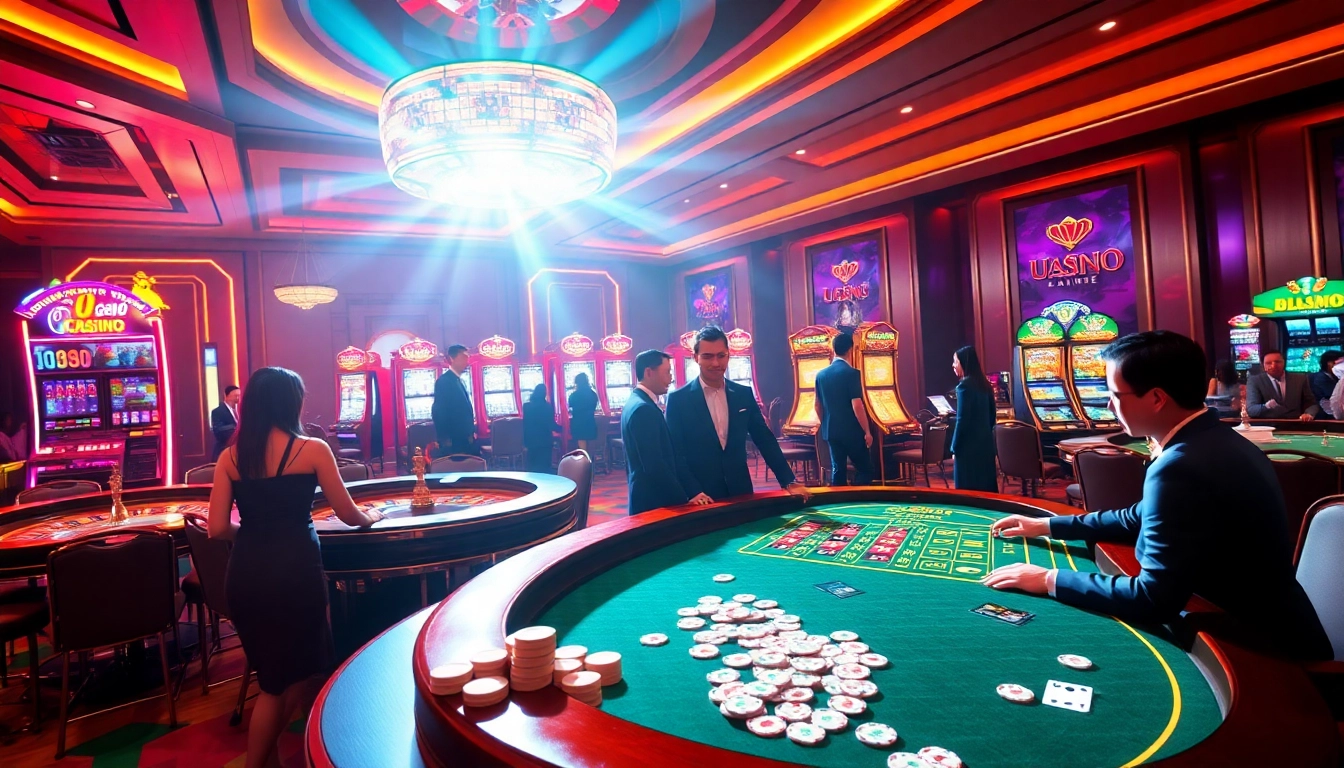 U888 casino scene showcasing players engaging in roulette and poker, vibrant and thrilling atmosphere.