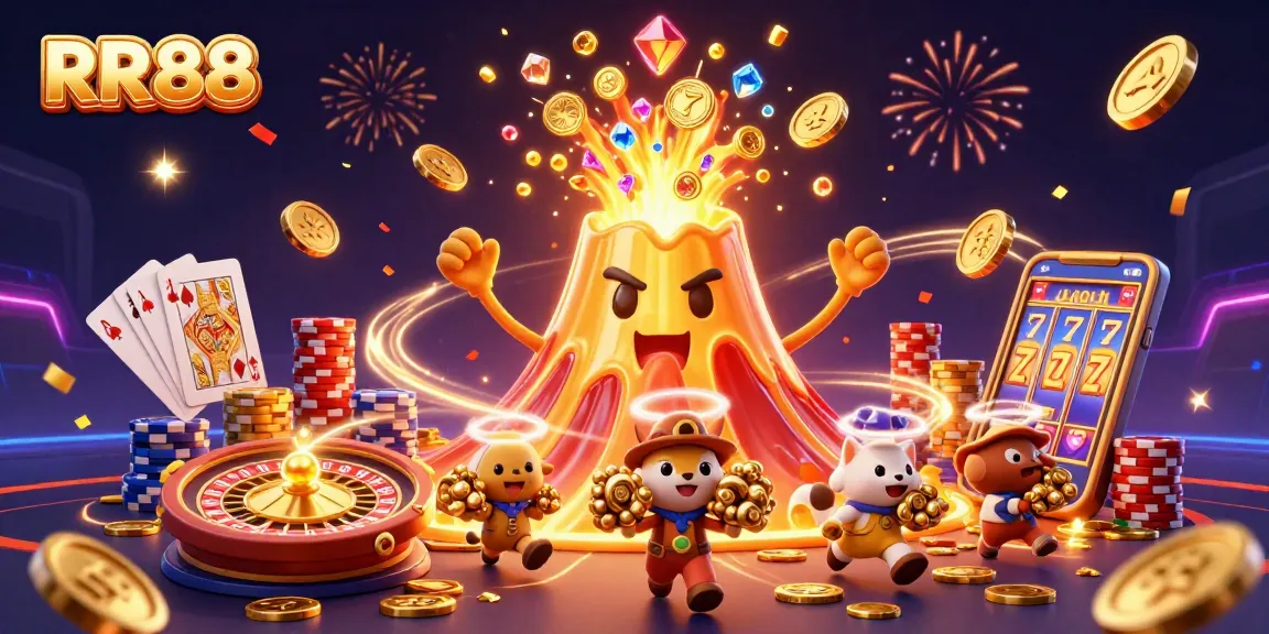 RR88 brings excitement as a volcano erupts with treasures in this vibrant casino illustration.