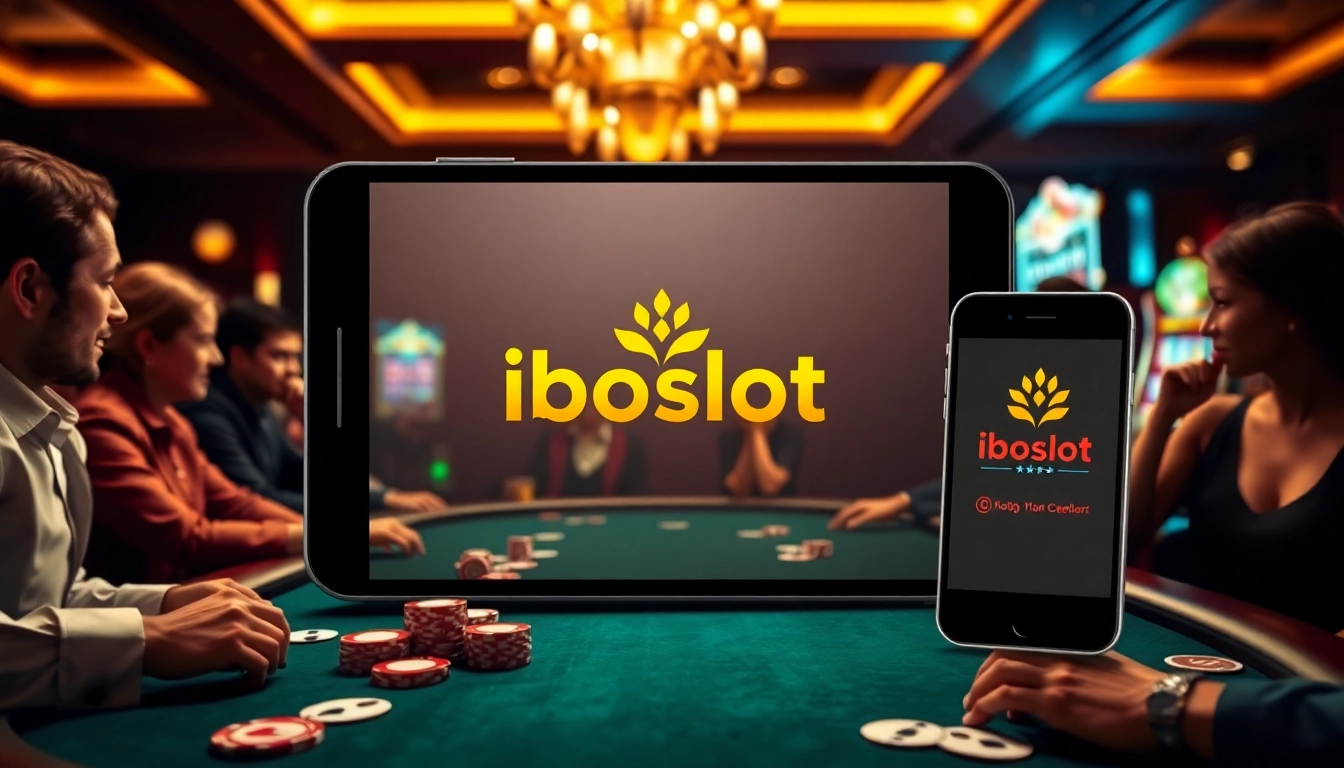 Iboslot online gambling interface with a luxurious poker table and vibrant slot machines.