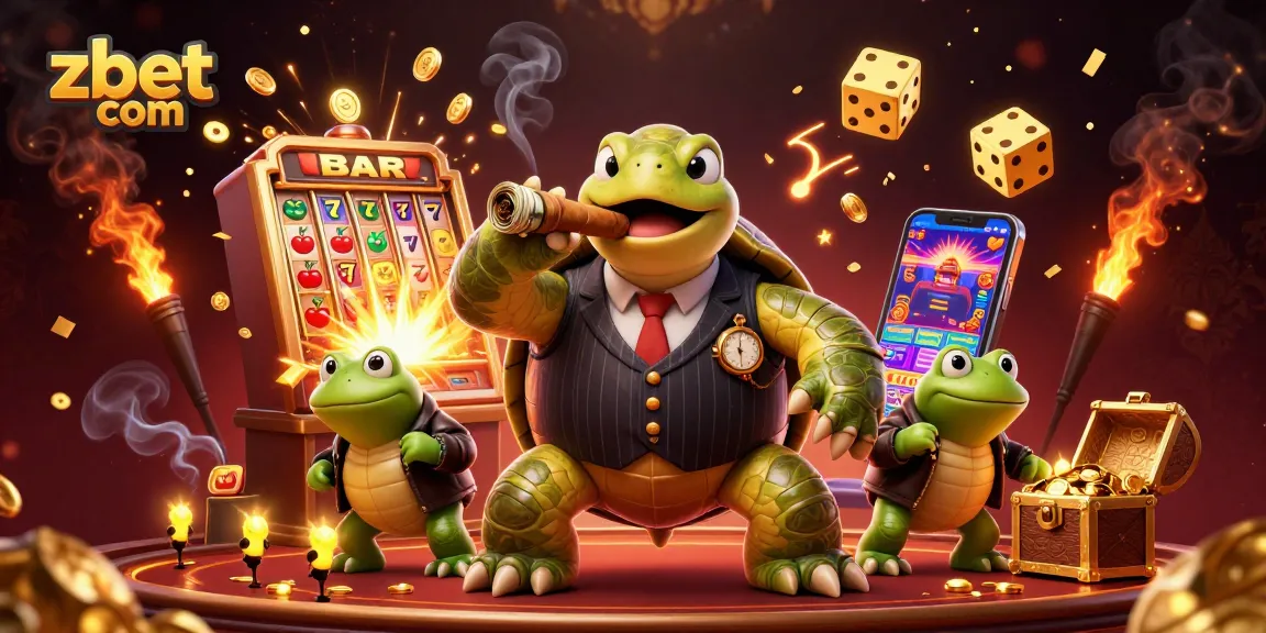 Experience thrilling jackpots at zbet com with animated casino action, featuring a snapping turtle and bullfrog enforcers.
