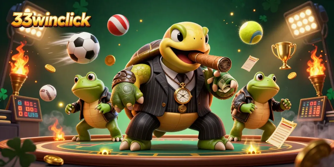 Engage with 33winclick's dynamic casino world featuring a turtle mobster and bullfrogs.