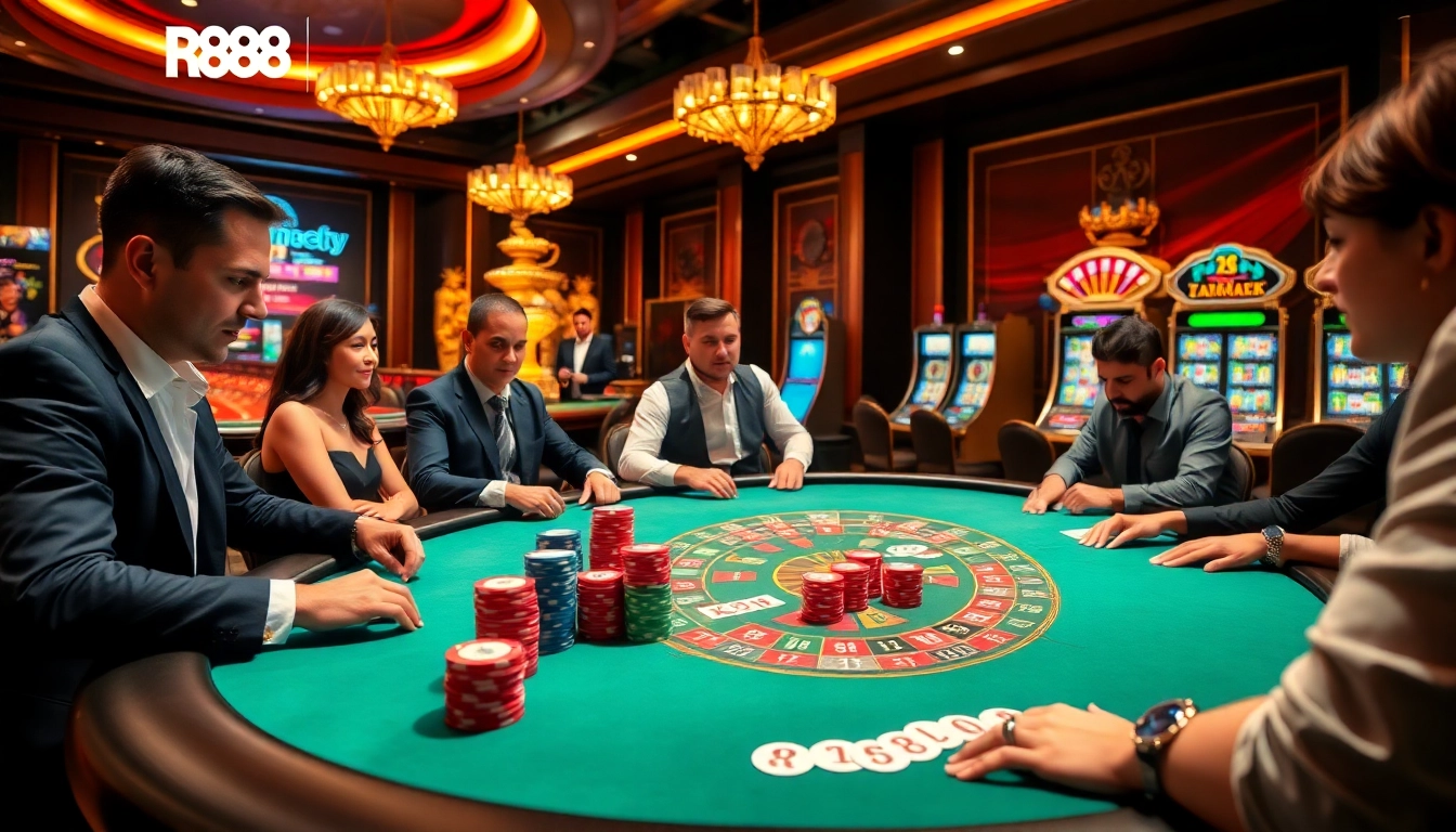 Players enjoying a thrilling poker game at RR88 casino with colorful chips and cards.