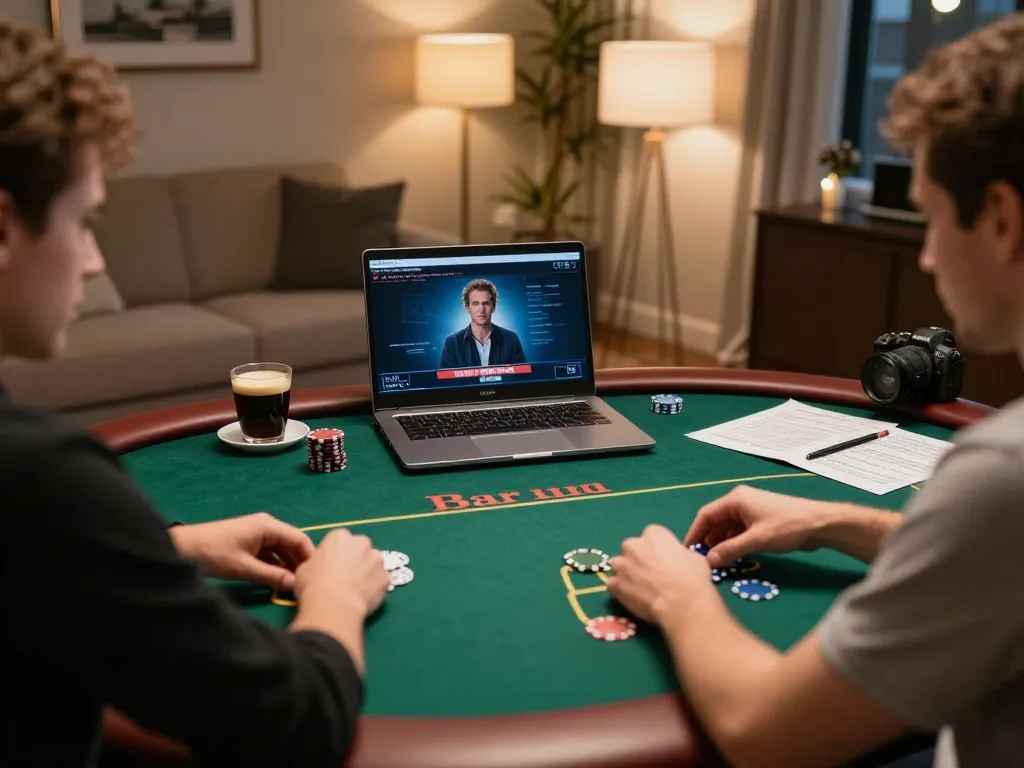 Engaged player at home using manclub for online poker gaming on a laptop with strategy notes.