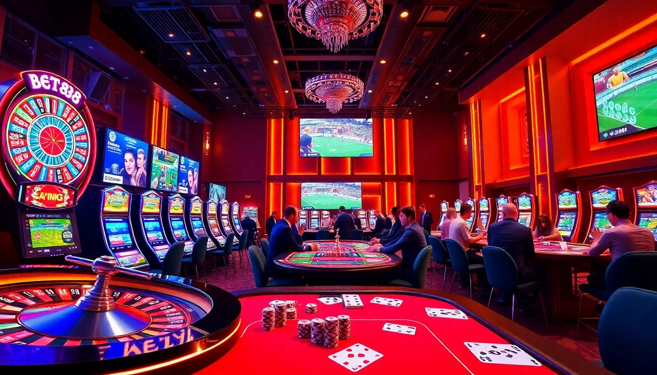 Exciting online gambling action featuring bet88 com with vibrant casino tables and digital gaming elements.