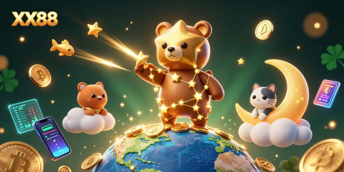 Spin the reels at XX88 with a vibrant illustration of a golden constellation bear, coins, and crypto assets.