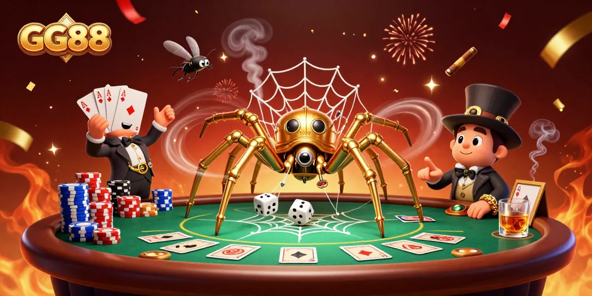 Engage in GG88's thrilling casino experience featuring a steampunk spider and dice-catching web.