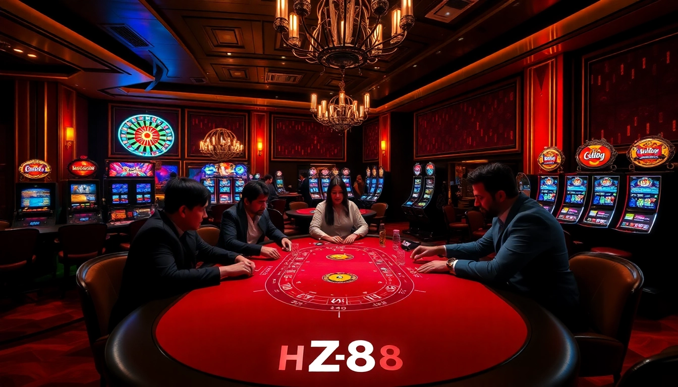 Experience thrilling gameplay at HZ88 Casino featuring dazzling poker tables and vibrant slot machines.