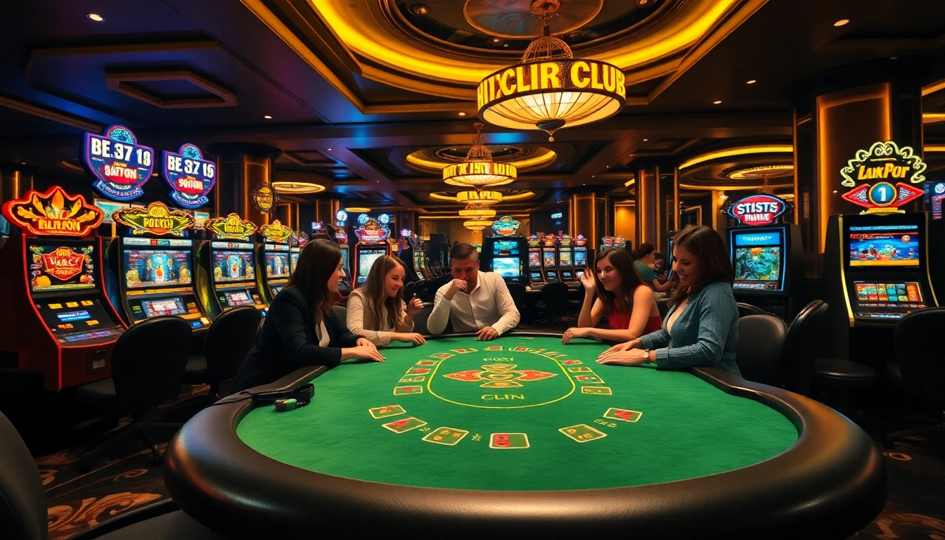 Hit Club gaming table scene with enthusiastic players celebrating their wins in a luxurious casino.