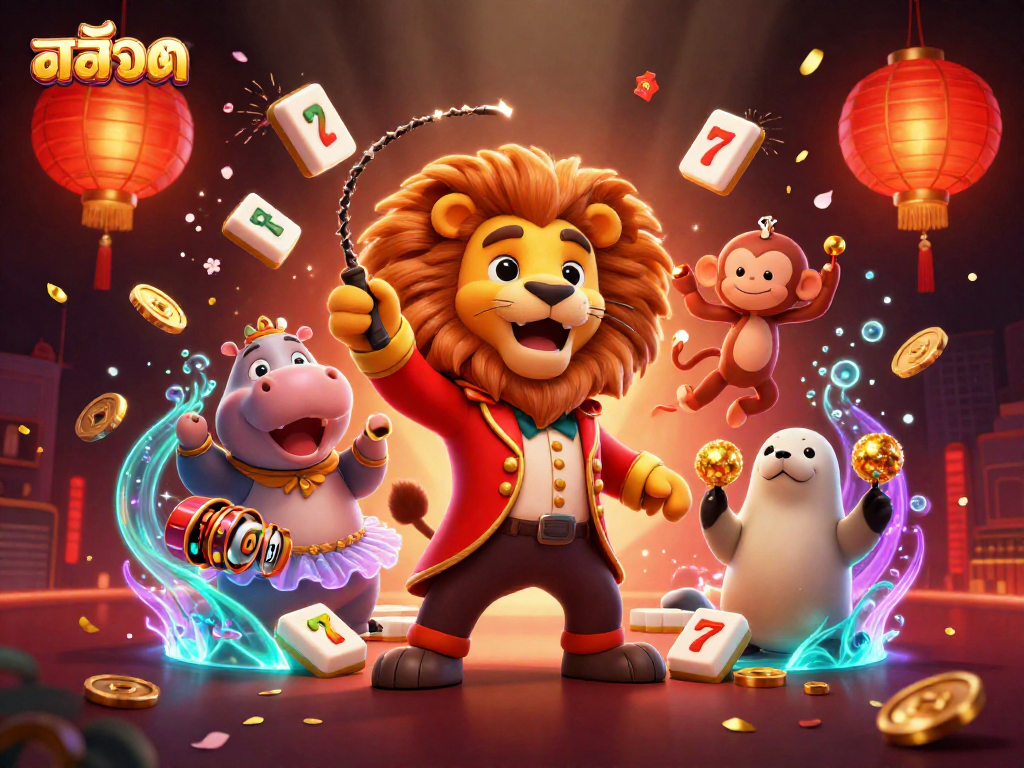 Win big with สล็อต in this vibrant 3D casino scene featuring a circus theme and magical elements.