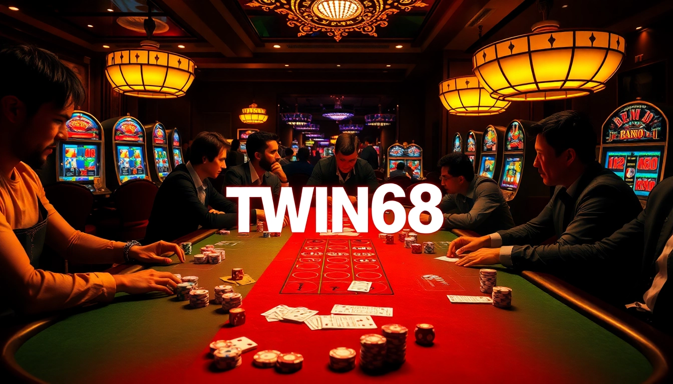 TWIN68 casino table with poker chips and cards, showcasing an exciting gambling atmosphere.