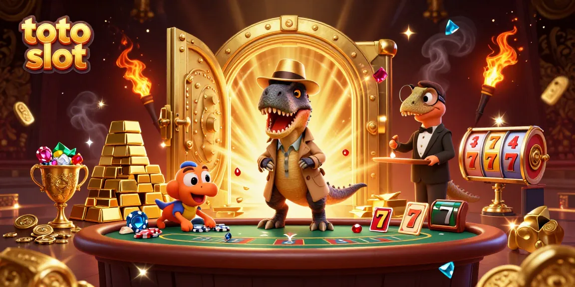 Engage with exciting toto slot games as a velociraptor card counter interacts with rich treasures.