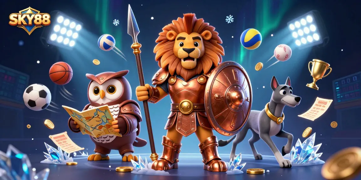 Engage with exciting sports betting action represented by SKY88, featuring a Spartan lion hero and dynamic game elements.