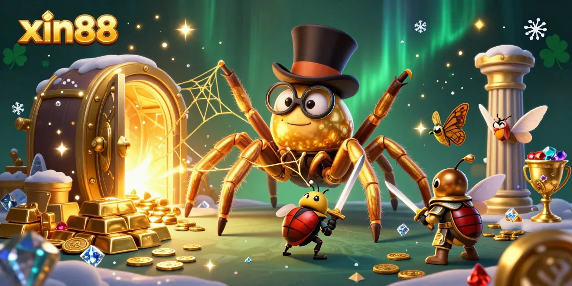 Experience the excitement of xin88 with a unique 3D illustration featuring a golden tarantula and beetle knight amidst casino treasures.