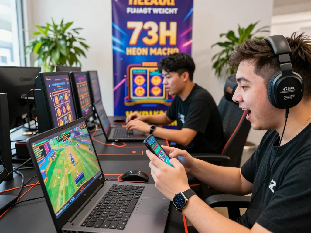 Excited players enjoying diverse gaming experiences on 73H platform, surrounded by vibrant casino visuals.
