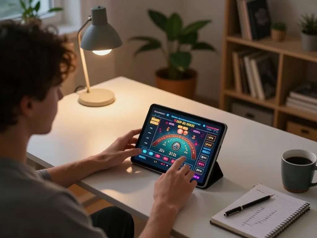 Engaging gameplay at a legit online casino on a tablet in a cozy home setting