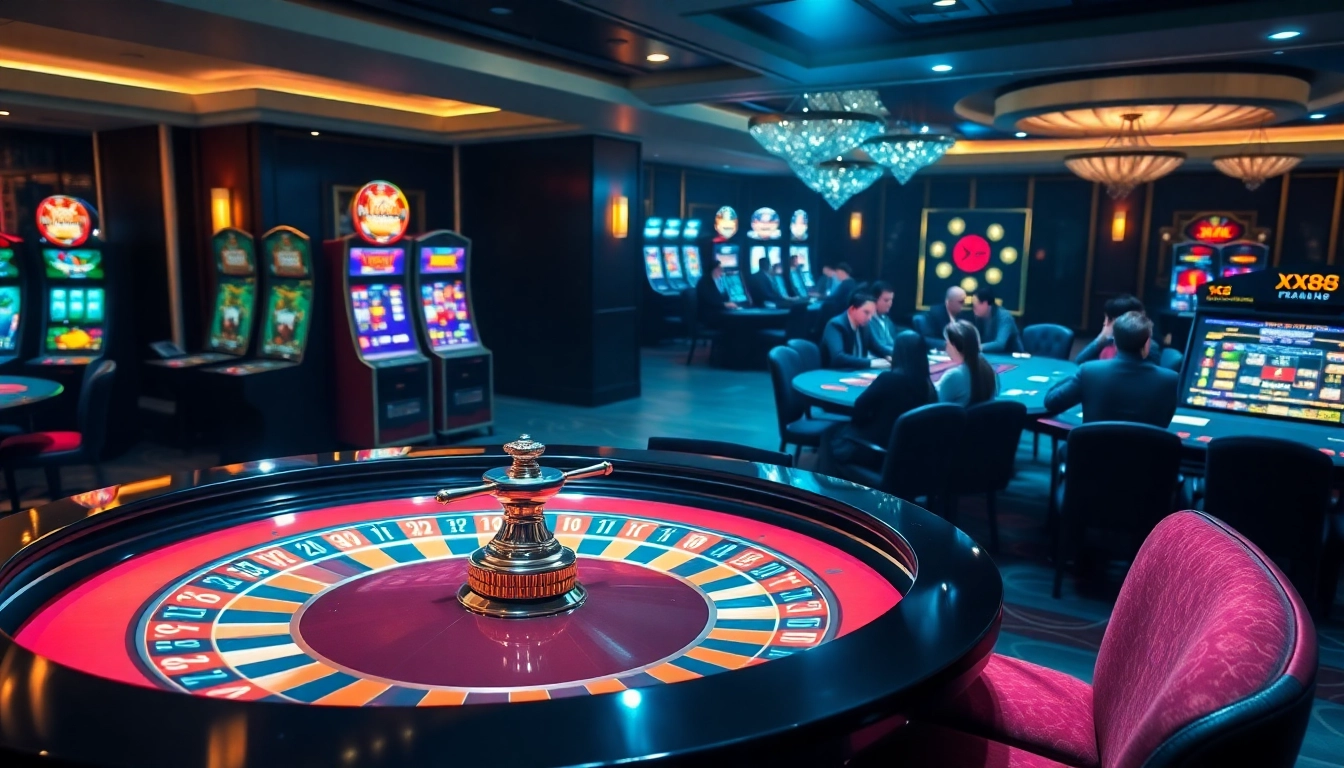 Players enjoying a thrilling gaming session at XX88 Casino with a roulette wheel and vibrant slot machines.