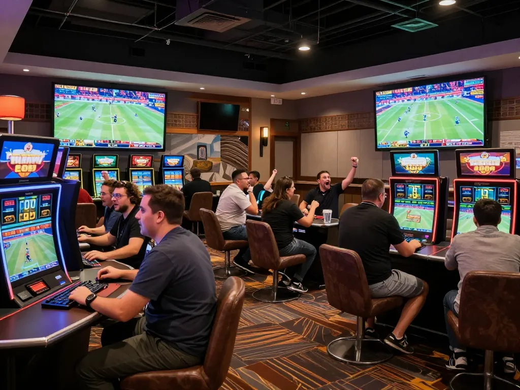Experience the thrill of sports betting at Tin88 with enthusiastic fans and dynamic kiosks