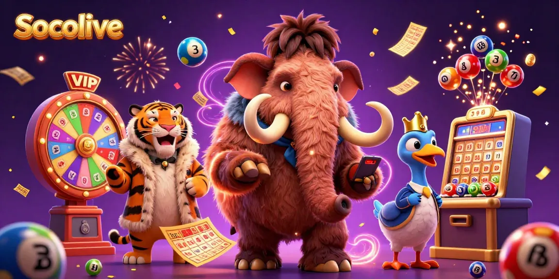 Socolive offers an exciting experience with a vibrant illustration featuring a woolly mammoth bouncer, saber-tooth tiger guest, and lively gambling elements.