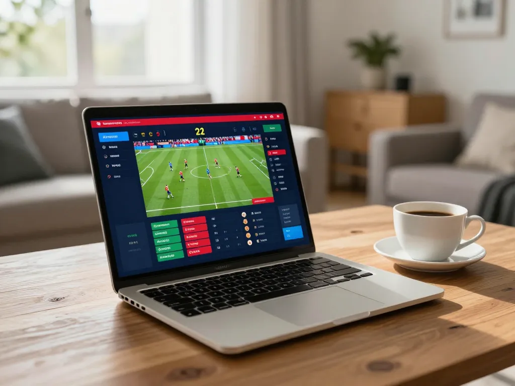 Simplified view of a home gamer placing bets on socolive, showcasing vibrant soccer match graphics in a cozy atmosphere.