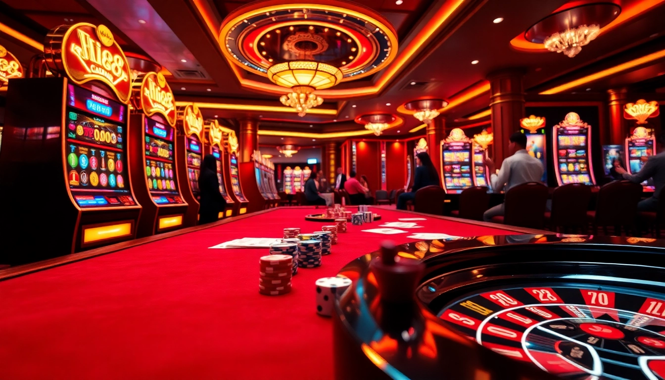 Hi88 players engaging in exciting casino games under luxurious lighting.