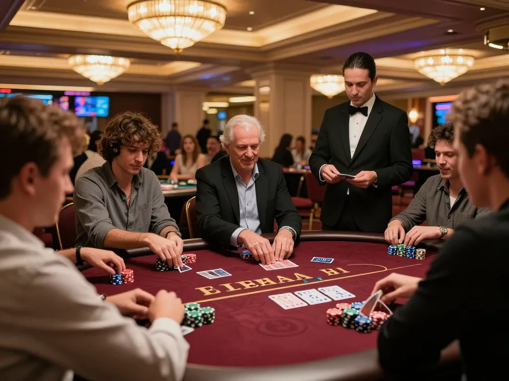 Players strategizing their bets at a 23win poker table, immersive casino atmosphere with vibrant lighting.