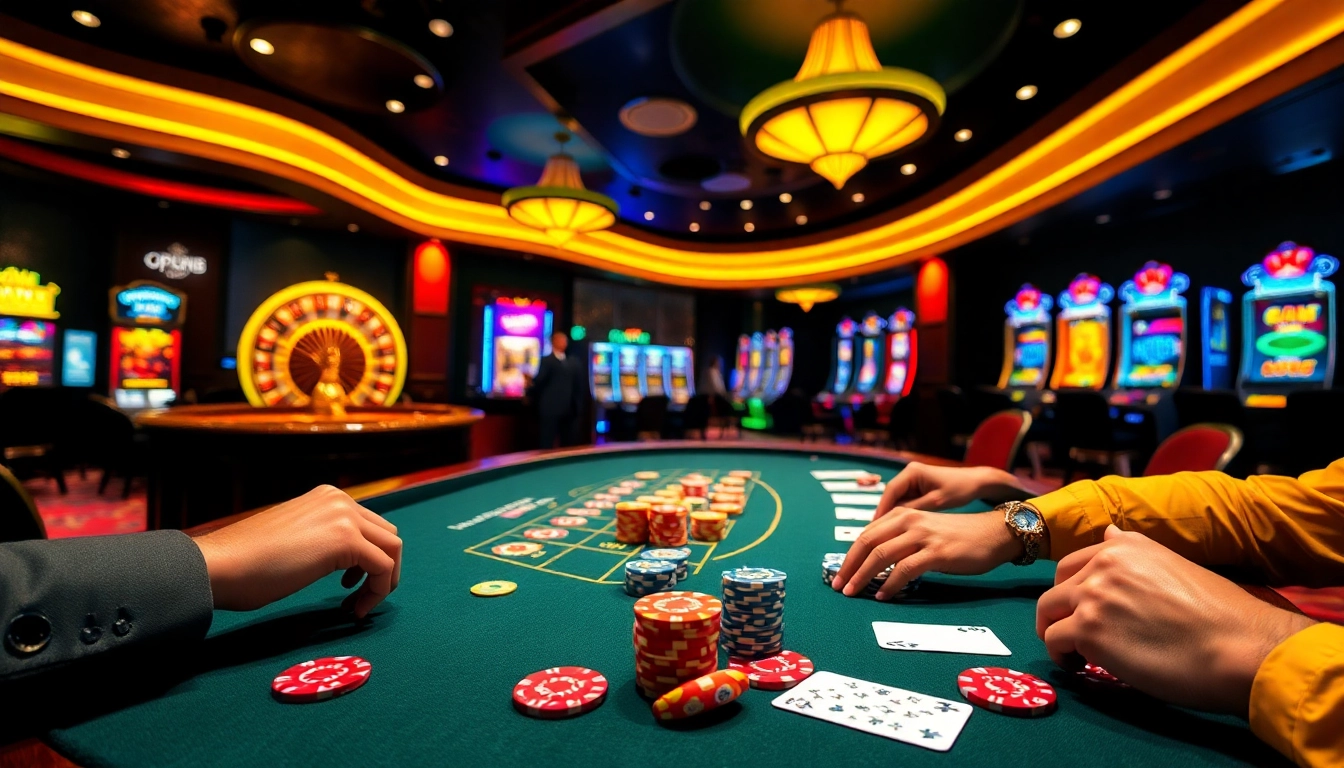 Players engaged in a high-stakes poker game at open88 casino, showcasing vibrant chips and tension.
