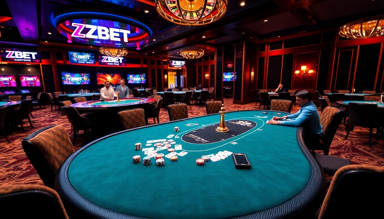 ZBET logo prominently displayed in a bustling casino scene with poker and roulette games.