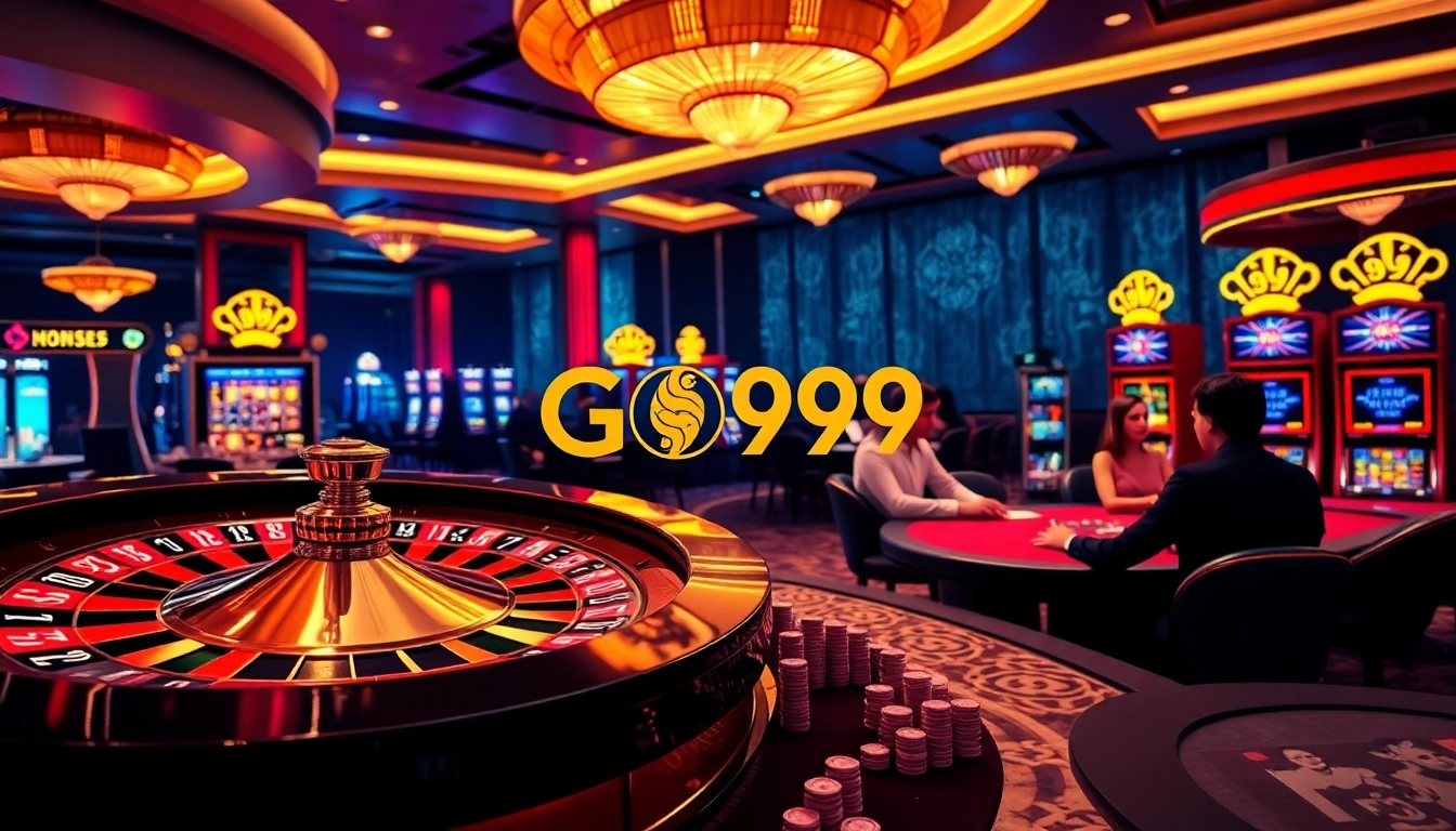 Experience the thrill of GO99 with vibrant casino visuals featuring roulette, poker chips, and gaming excitement.
