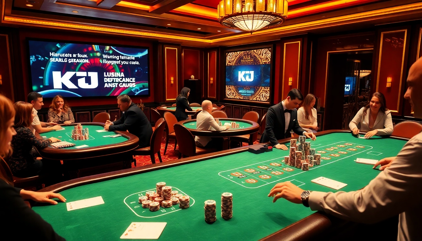 Engaging casino players at KJC's tables with vibrant atmosphere and luxury elements.