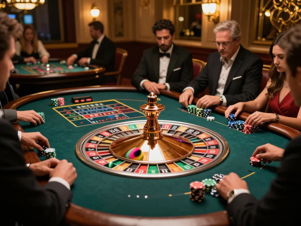 Engaged players at a roulette table as they place bets on https://da88at.com/ in a vibrant casino atmosphere.