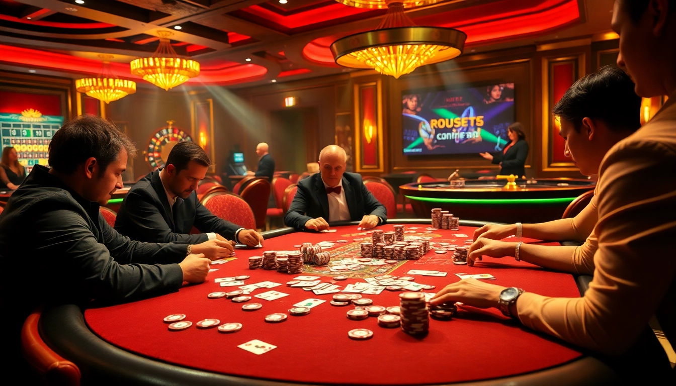 Players enjoying a thrilling poker game at HOT789 casino with vibrant chips and cards.