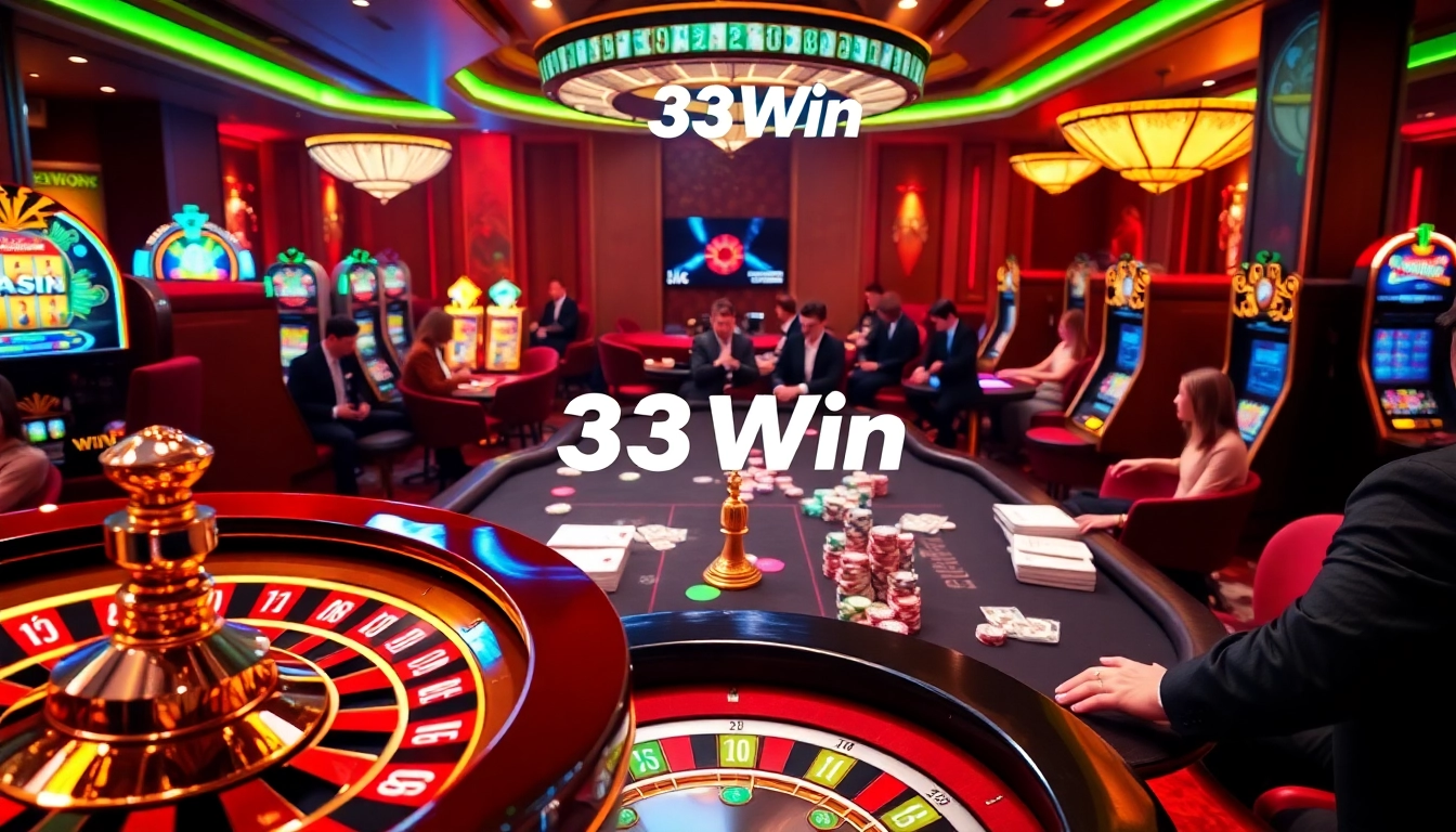 Exciting gaming scene at 33Win casino with colorful roulette and slot machines.