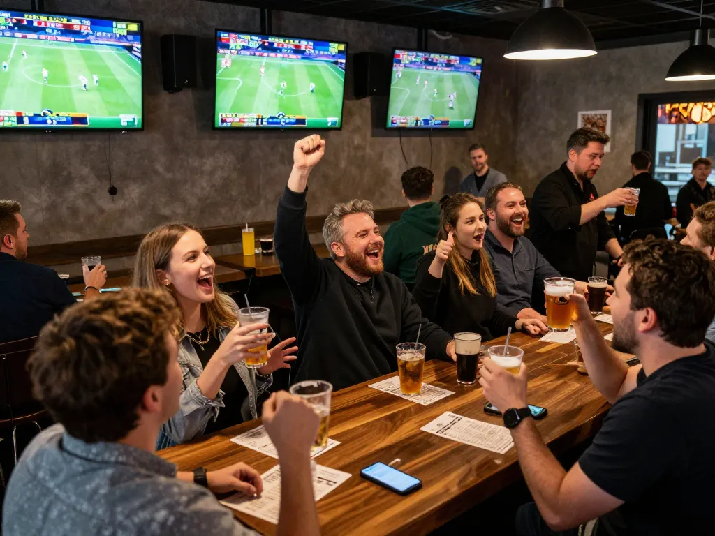 Exciting sports betting moment at KO66, with fans engaging and placing bets in a vibrant bar atmosphere.