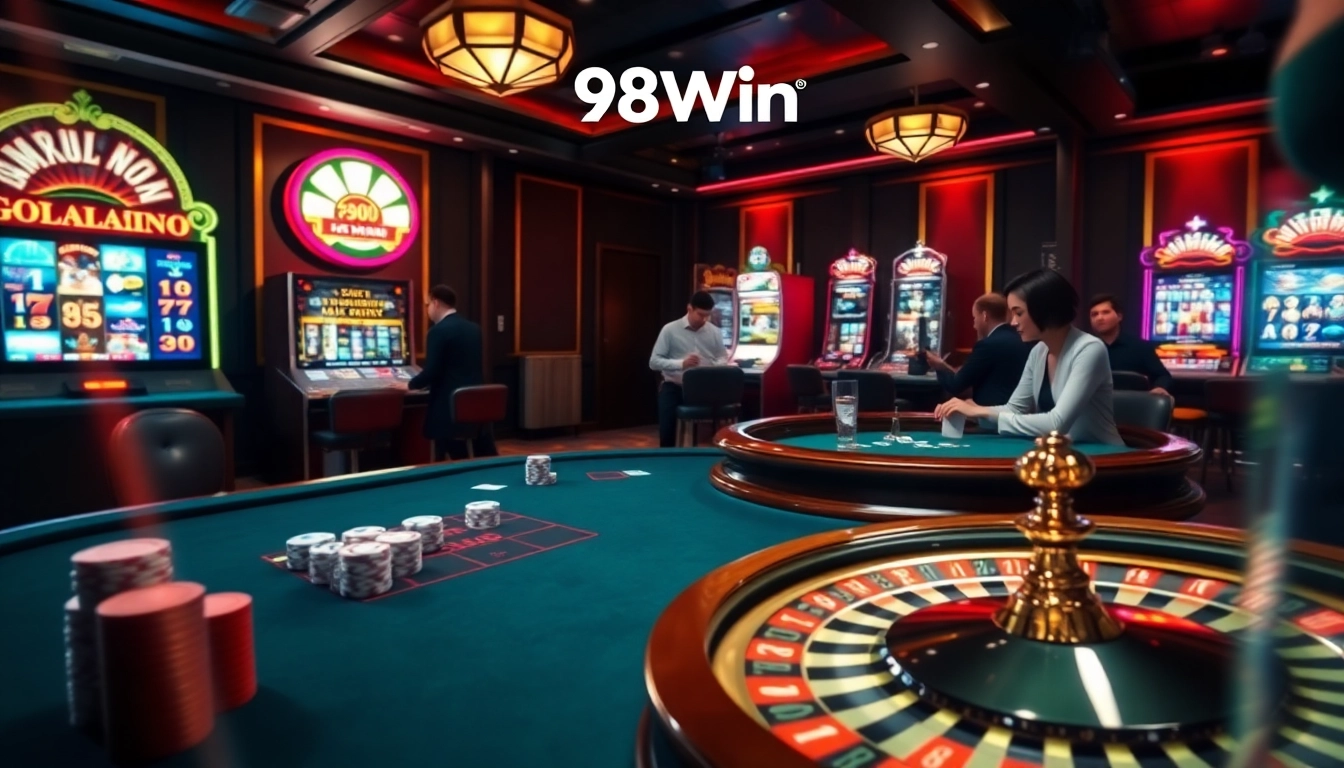 Exciting gambling scene at 98Win casino featuring poker, roulette, and bright slot machines.