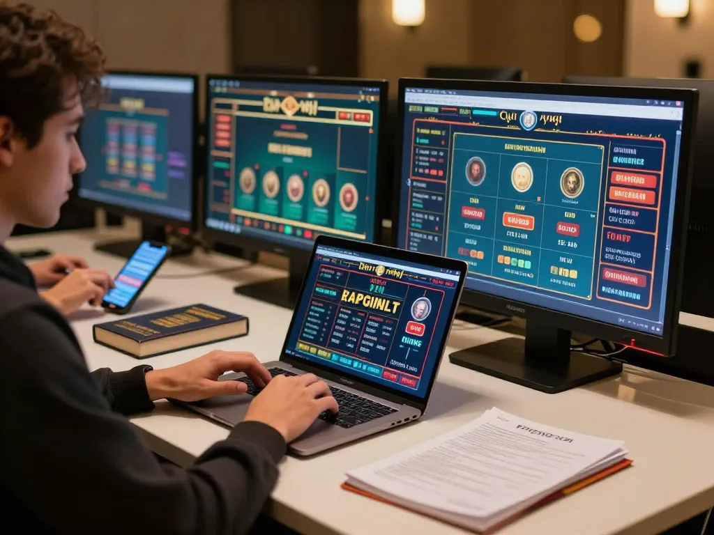 O8 player engaging in strategic online gaming with multiple screens and notes.