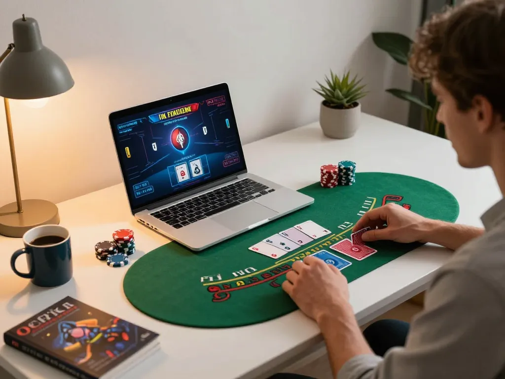Engaging with hitclub's live dealer blackjack game on a stylish home setup.