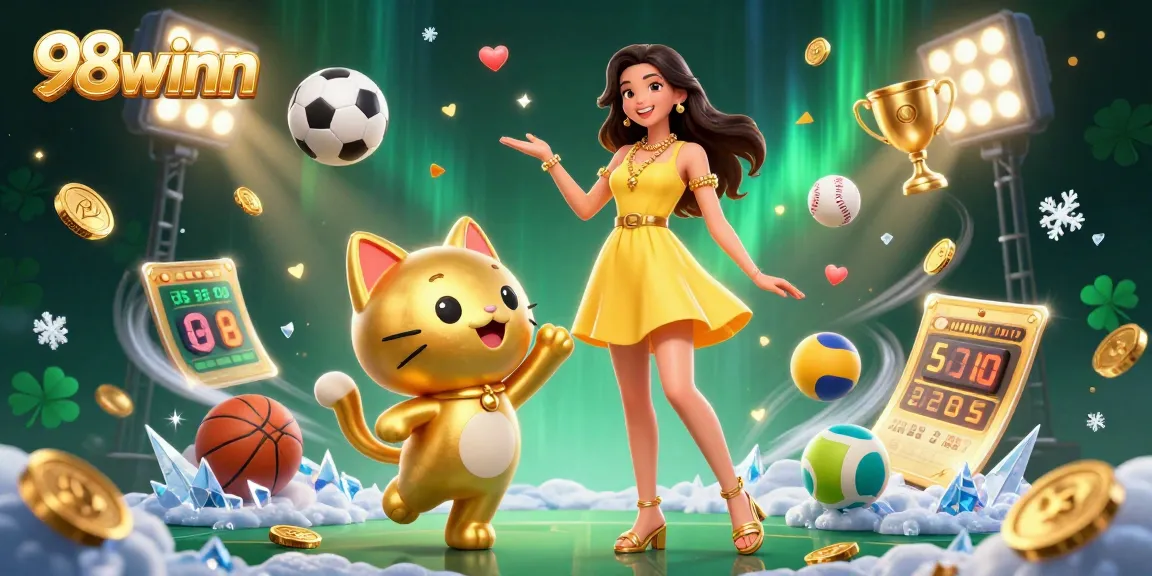 Experience excitement with 98winn in this vibrant casino scene featuring joyful characters and dynamic sports betting elements.