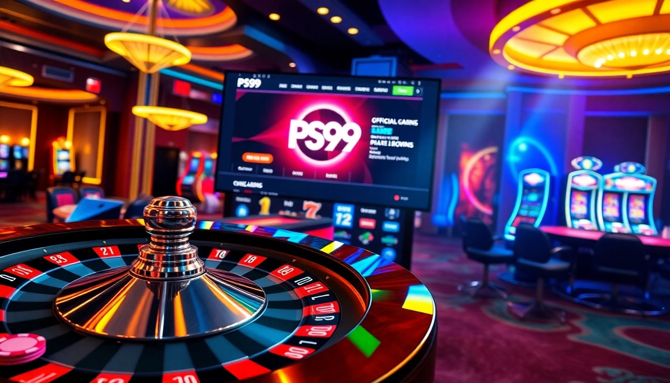 Engaging online gambling interface showcasing the homepage PS99, featuring a roulette wheel and casino elements.