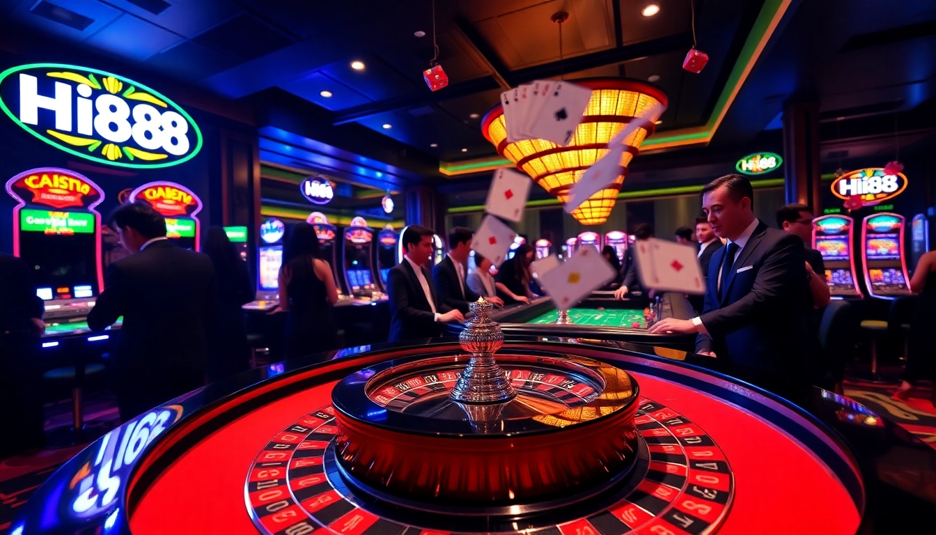 Players enjoying a thrilling game at Hi88 casino, surrounded by vibrant tables and luxurious décor.