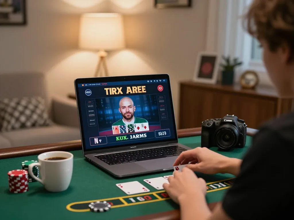 SV66 player engaging in live online blackjack from a cozy home setting with laptop and warm lighting.