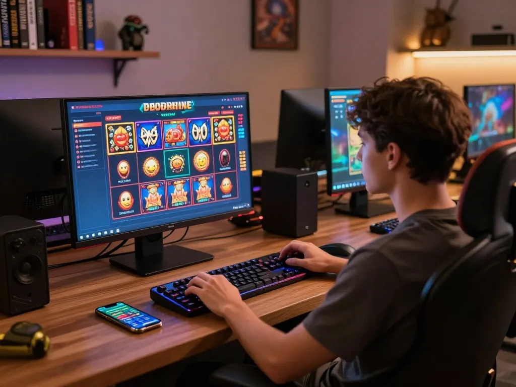 Exciting online gaming setup featuring user engaged in hm88 com vn slot games on a vibrant screen in a cozy atmosphere.